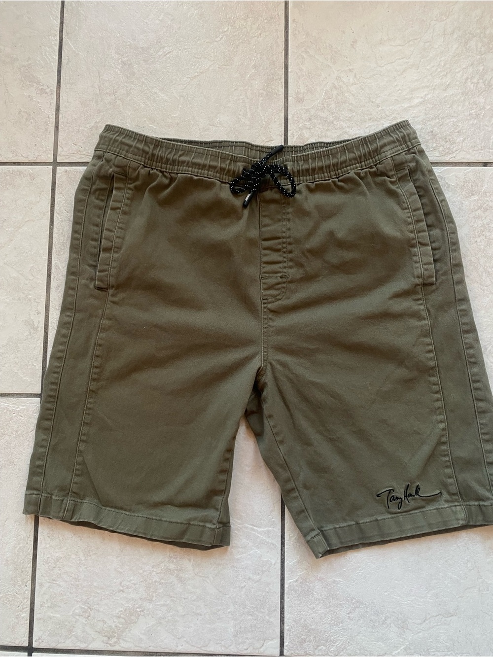Tony Hawk Mens Green Skate Shorts 90s Volley Elastic Waist L Large 16.5x8.5
